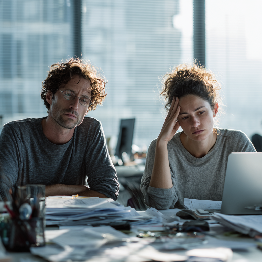 Deux personnes fatiguées devant la charge de travail